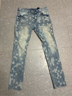 Men's Light Blue Pixel-Pattern Slim Jeans